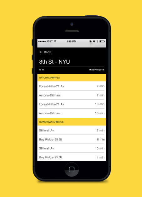 Screenshot of iPhone interface, showing list of subway stations.