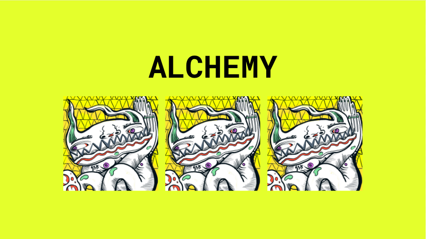 Triptych of illustrated creature (the same image is repeated thrice), with title of 'ALCHEMY'.