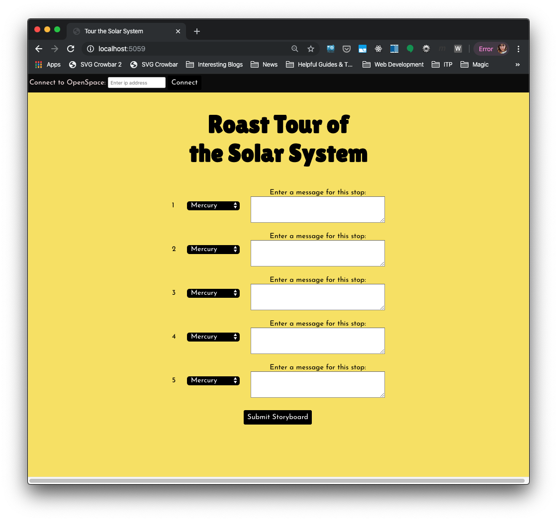 Screenshot of custom web interface for Open Space for a 'Roast Tour of the Solar System'