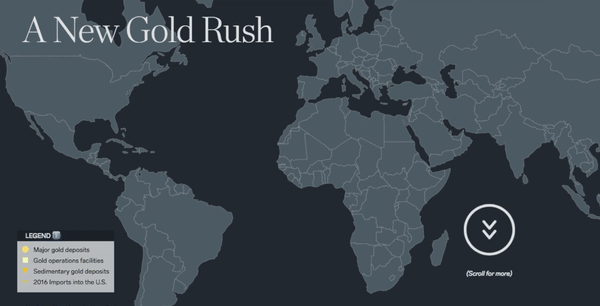 Animated map of the world, with yellow lines showing imports of gold being send into the United States.